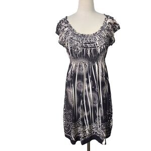 One World Dress Womens size Large Gray White Paisley Smocked Boho Hippie Stretch